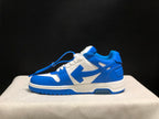 Side profile showing the low-top shape, blue overlays, white midsole, and blue outsole.
