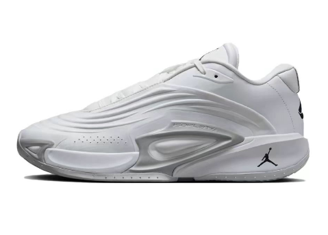 White Jordan Luka 3 shoe with sculpted side panels and a gray midsole window