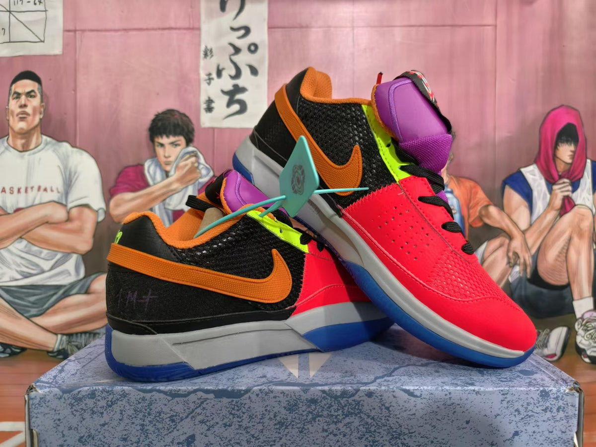 Angled view of multicolor basketball shoes with red, black, orange, purple, and neon green details.