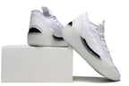 White Jordan 39 shoes shown from the heel and side.