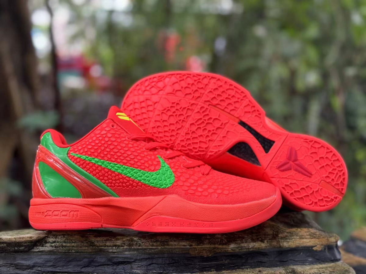 Nike Kobe 6 shoes shown with the patterned outsole and red-and-green upper