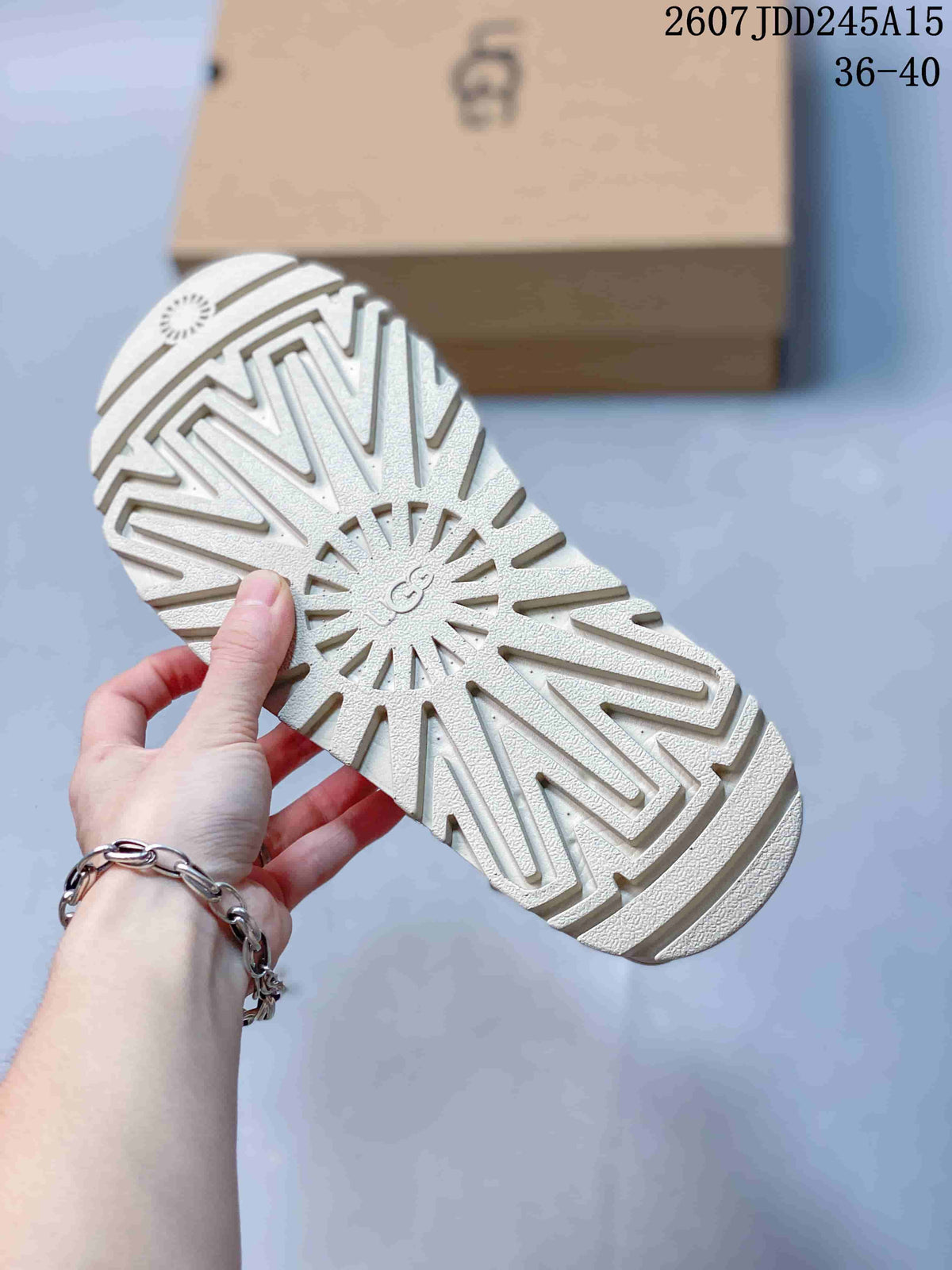 Underside of a light white sandal showing the textured lugged outsole and UGG branding.