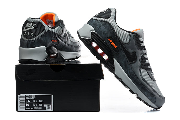 Nike Air Max 90 Sneakers, Grey and Black with Orange Accents