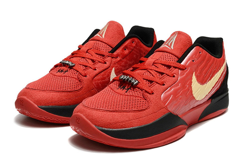 Pair of red, black, and gold Ja 2 basketball shoes in a front three-quarter view.