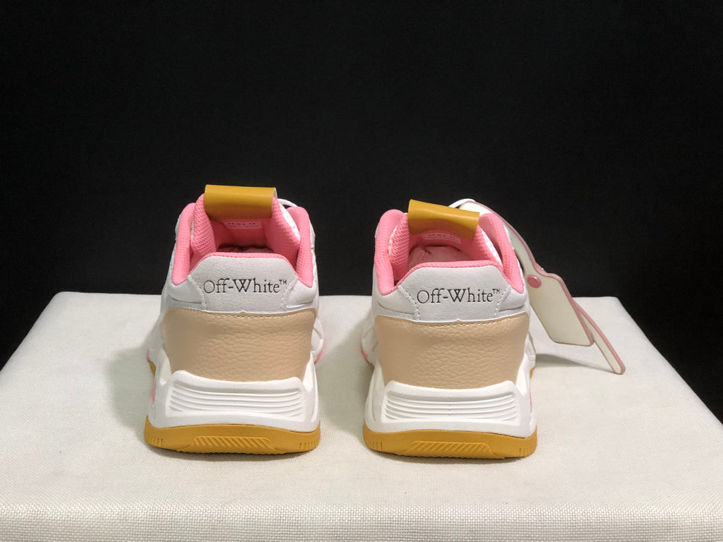 Rear view showing Off-White branding, beige heel panels, pink collar lining and gum-colored outsole sections.