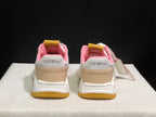Rear view showing Off-White branding, beige heel panels, pink collar lining and gum-colored outsole sections.