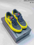 Pair of yellow and black Nike Air Max 90 sneakers displayed on a shoebox; image text shows style code 2606JTD416A26 and size range 40–46.