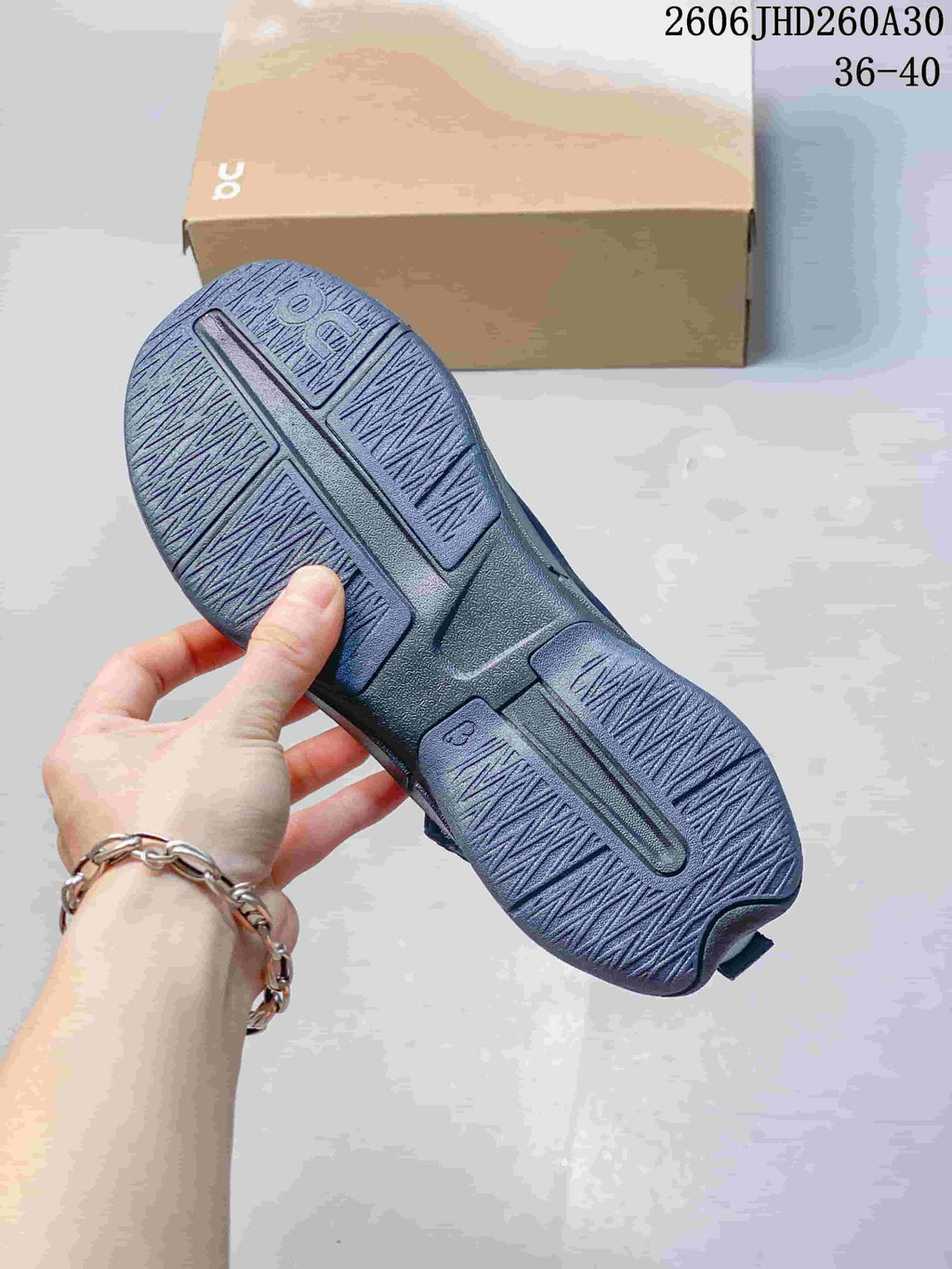 Close-up of the patterned outsole of a dark navy On Cloudnova Moon sneaker.