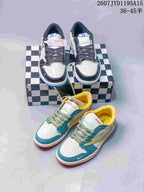 Both photographed colorways arranged together, including the white, black and blue pair and the white, teal, yellow and red pair.