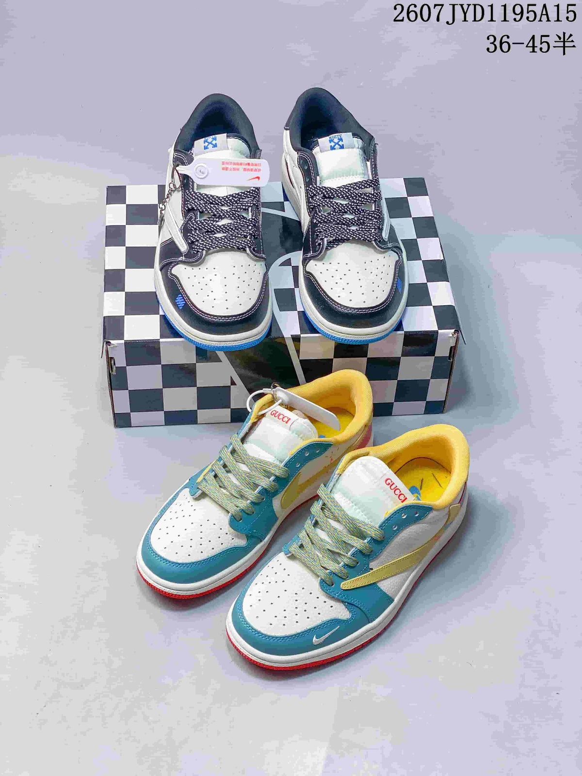 Both photographed colorways arranged together, including the white, black and blue pair and the white, teal, yellow and red pair.