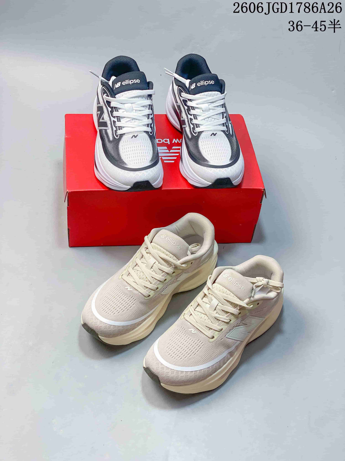 White and dark gray pair and light neutral pair of New Balance Ellipse V1 shoes