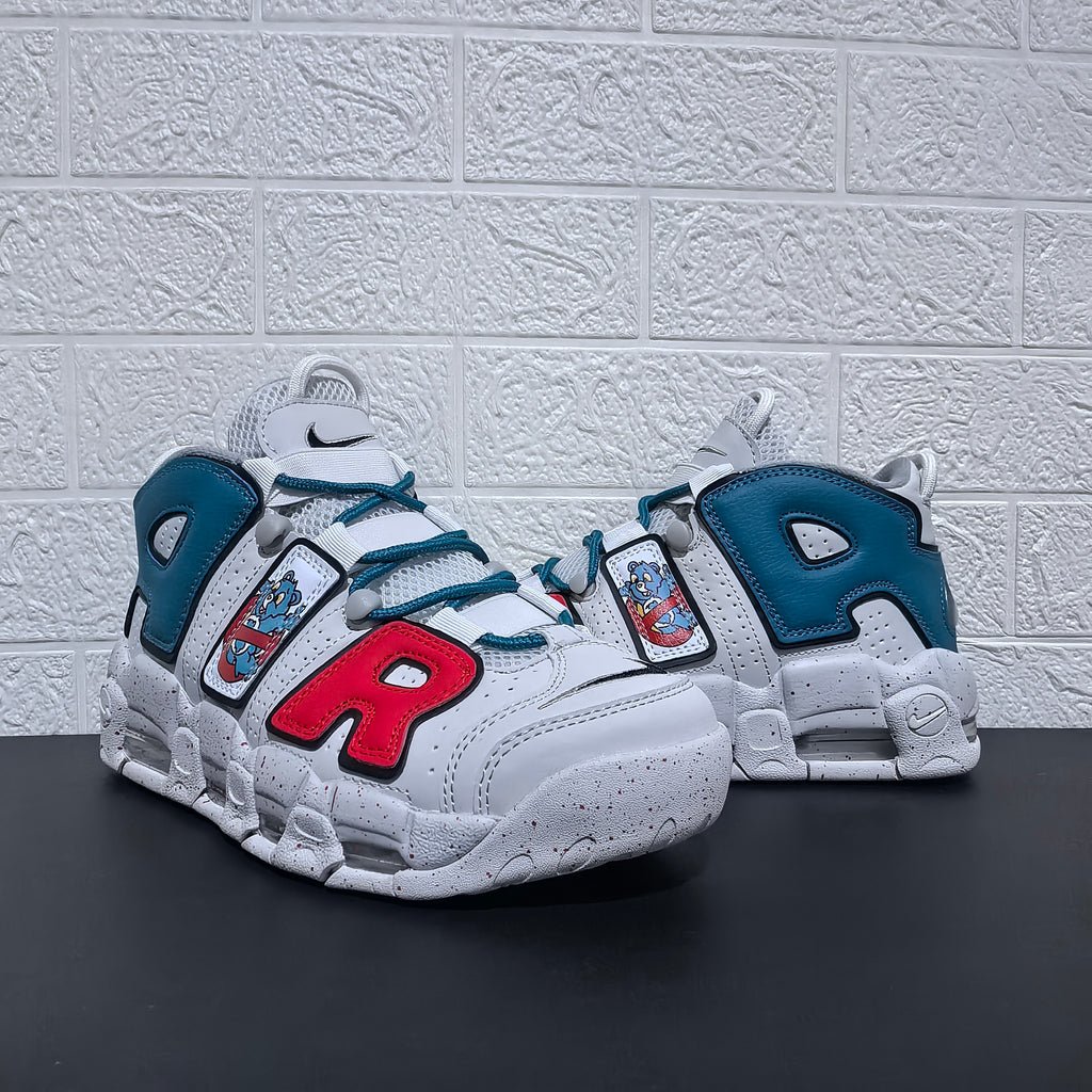 Front and side views of the sneakers with bear patches and bold lettering