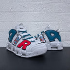 Front and side views of the sneakers with bear patches and bold lettering