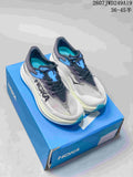 Pair of gray, white, black, and blue Hoka sneakers displayed on a blue shoe box; overlay shows style code 2607JWD249A19 and size range 36–45.