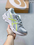 Light gray and white ASICS Gel-Nimbus 10.1 sneaker with neon yellow accents and a thick sculpted sole; image text shows style code 2607JHD299A19 and size range 36-45.