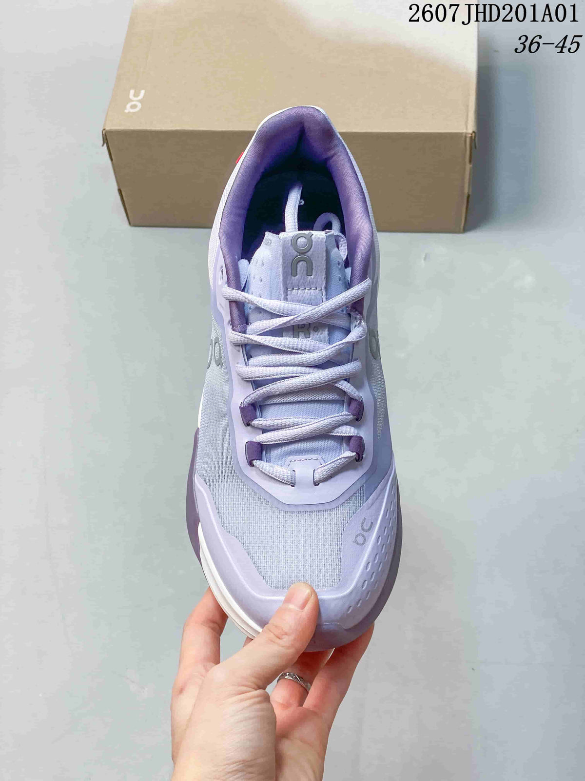 Top view of a lace-up light lavender and white tennis shoe with padded purple collar; image overlay shows code 2607JHD201A01 and sizes 36–45.