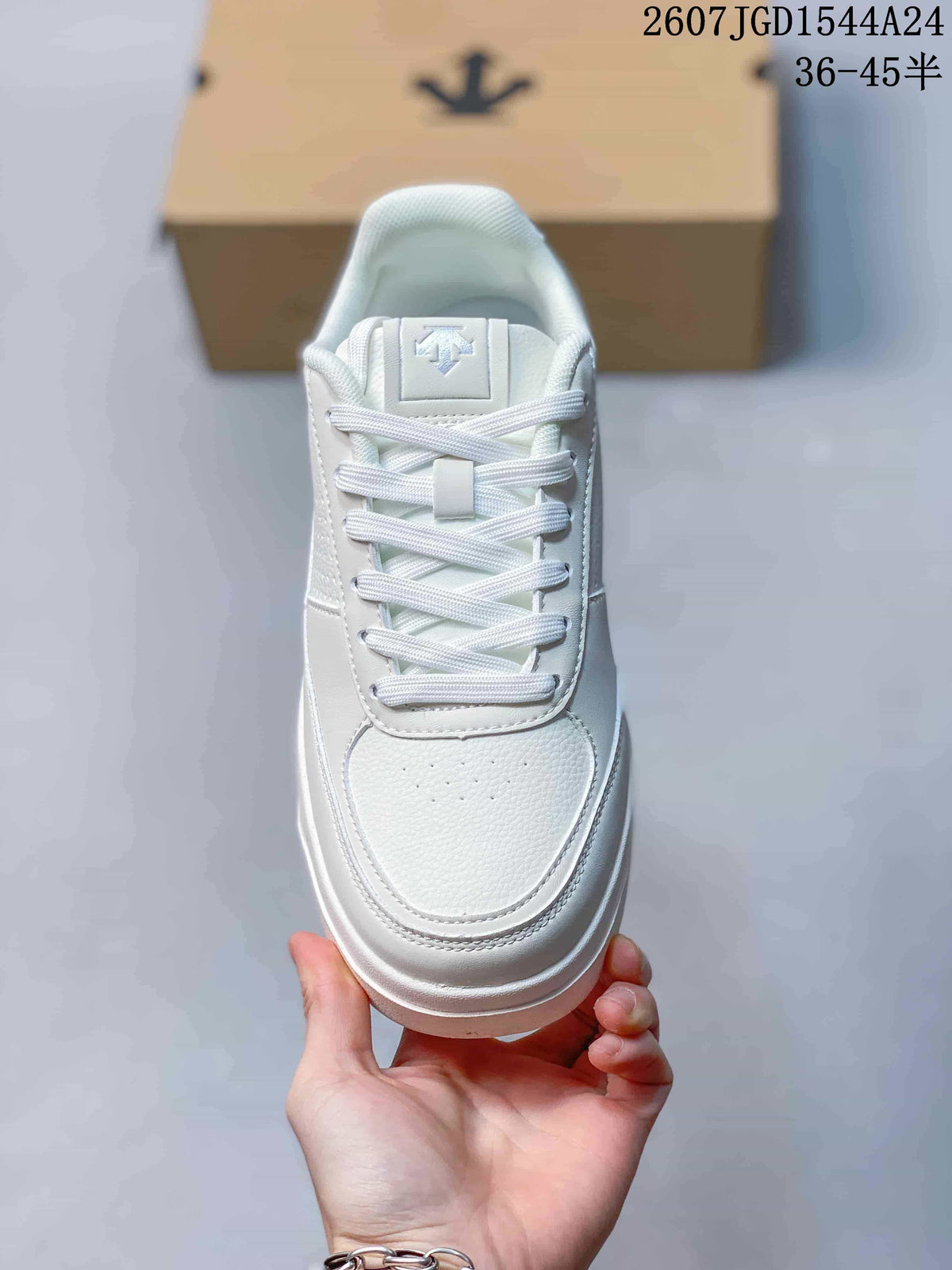 Top view of the white lace-up sneaker showing the perforated toe box and tongue logo.