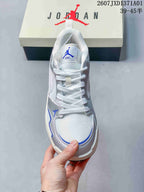 Top view of a white and silver lace-up sneaker with blue details.