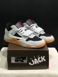 Pair of black and white Jordan Jumpman Jack sneakers displayed on a branded shoe box; the box label shows a photographed sample in EU 41.