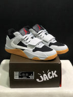Pair of black and white Jordan Jumpman Jack sneakers displayed on a branded shoe box; the box label shows a photographed sample in EU 41.