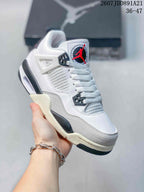 Angled side view showing the white and gray layered upper, black accents, mesh panel, and rubber outsole.