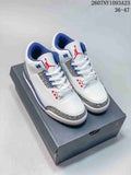 Pair of white, blue, and red Jordan Air Jordan 3 Retro sneakers displayed on a Jordan shoebox; product code 2607NY1093A23 and size range 36–47 are visible.