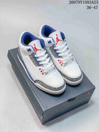 Pair of white, blue, and red Jordan Air Jordan 3 Retro sneakers displayed on a Jordan shoebox; product code 2607NY1093A23 and size range 36–47 are visible.