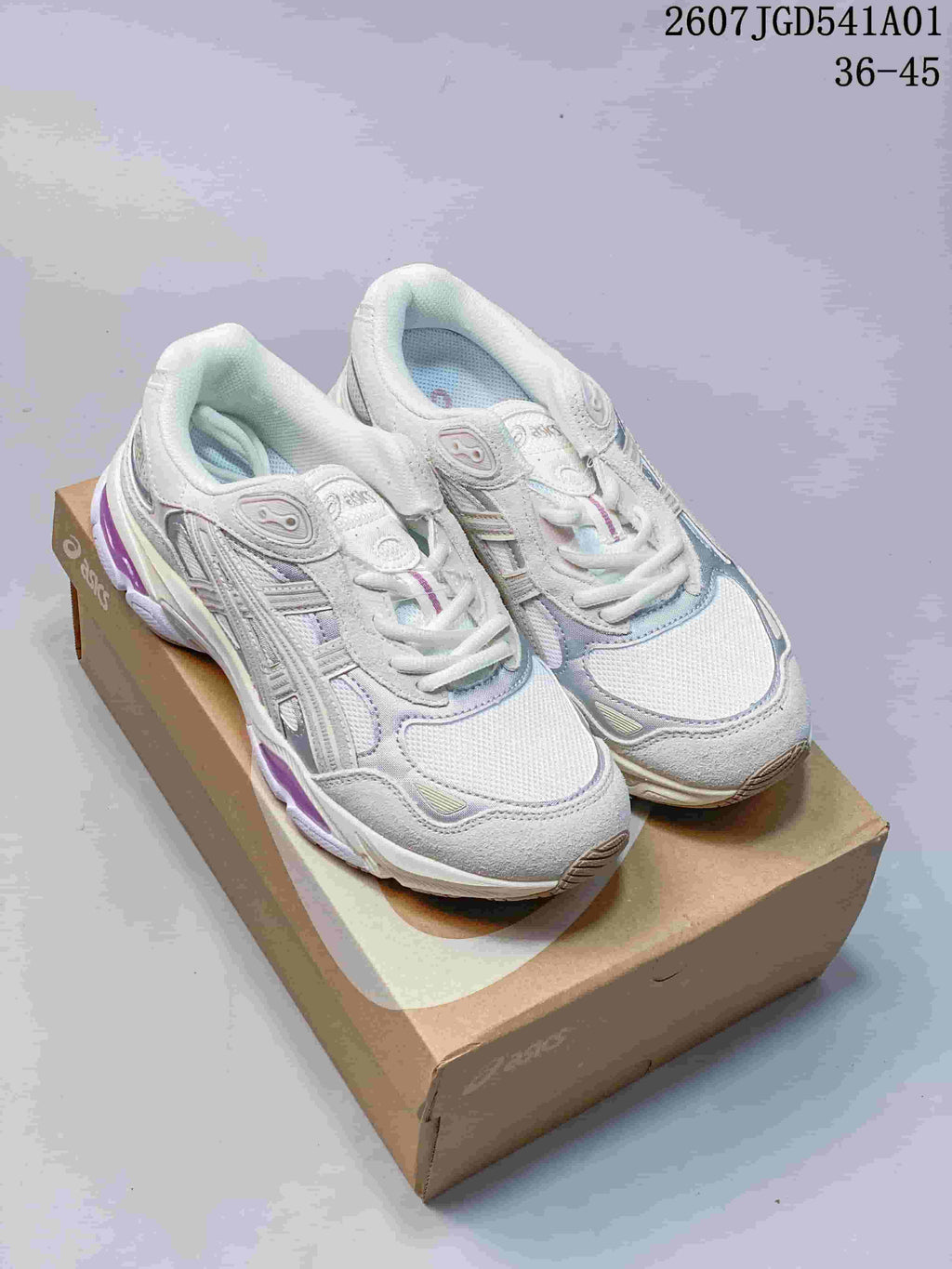 Pair of white and silver ASICS GEL-NYC 2.0 sneakers with lavender accents
