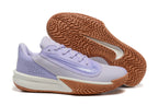Lavender Nike Precision 7 shoe beside an outsole view showing the gum-colored tread pattern.