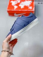 Side view of the blue low-top sneaker showing the blue upper and patterned white midsole trim.