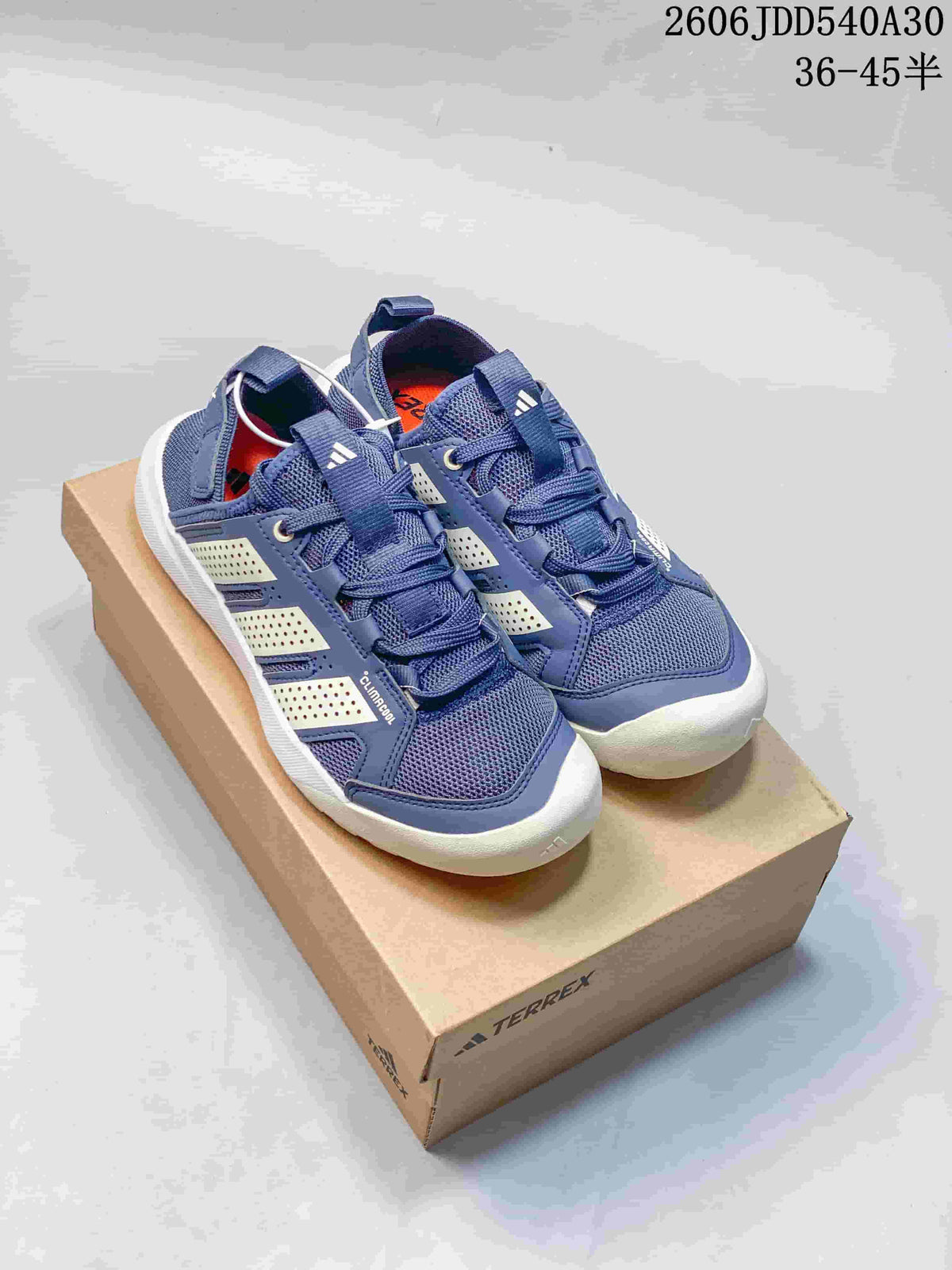 Pair of blue Adidas Terrex Daroga 25 sneakers on a shoebox, showing the lace-up fronts and light-colored side stripes.