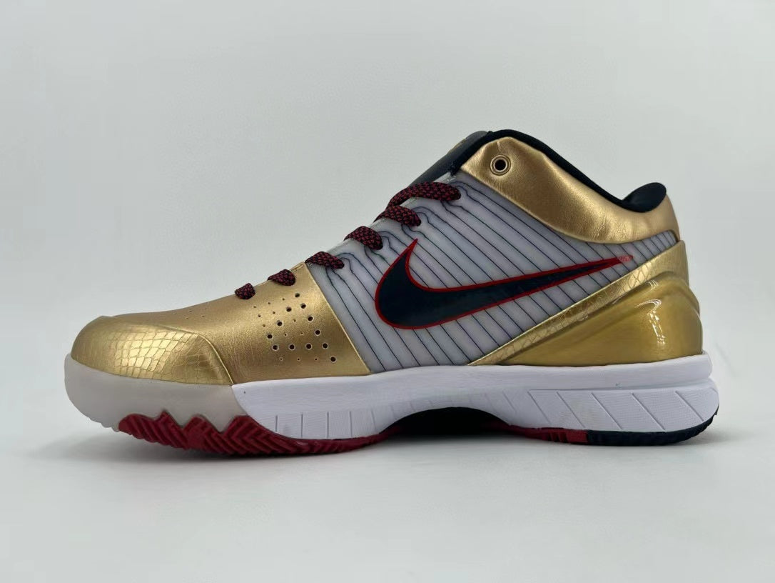 Side profile showing gold overlays, striped side panel, and white midsole.