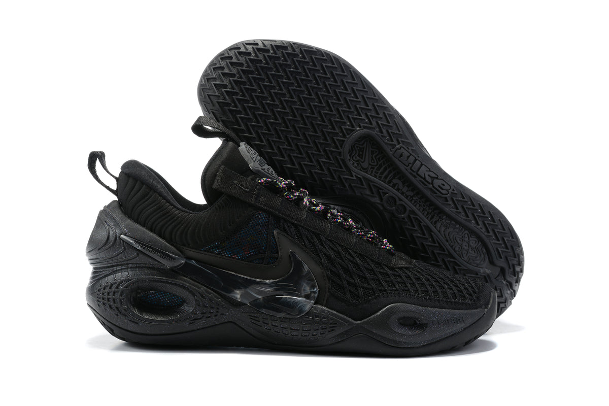 All-black Nike Anthony basketball shoes, shown from the side and sole.