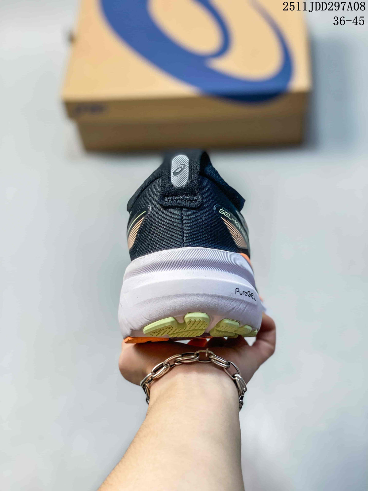 Rear view of the black running shoe showing the padded heel, ASICS branding and visible PureGEL marking on the white midsole.