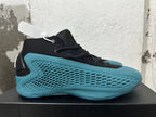 Side profile showing the textured blue panels and black fabric upper