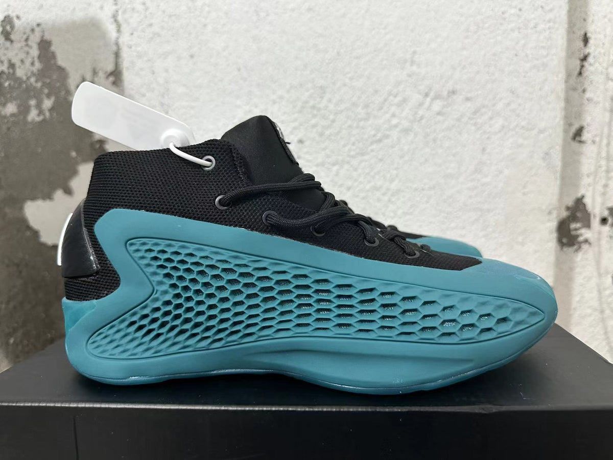 Side profile showing the textured blue panels and black fabric upper