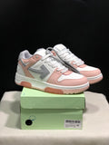 Pair of white, pink and grey Off-White Out Of Office low-top sneakers displayed on a green shoe box.