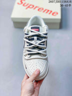 Top view of an off-white sneaker showing perforated toe panels, white rope laces and dark blue under-laces.