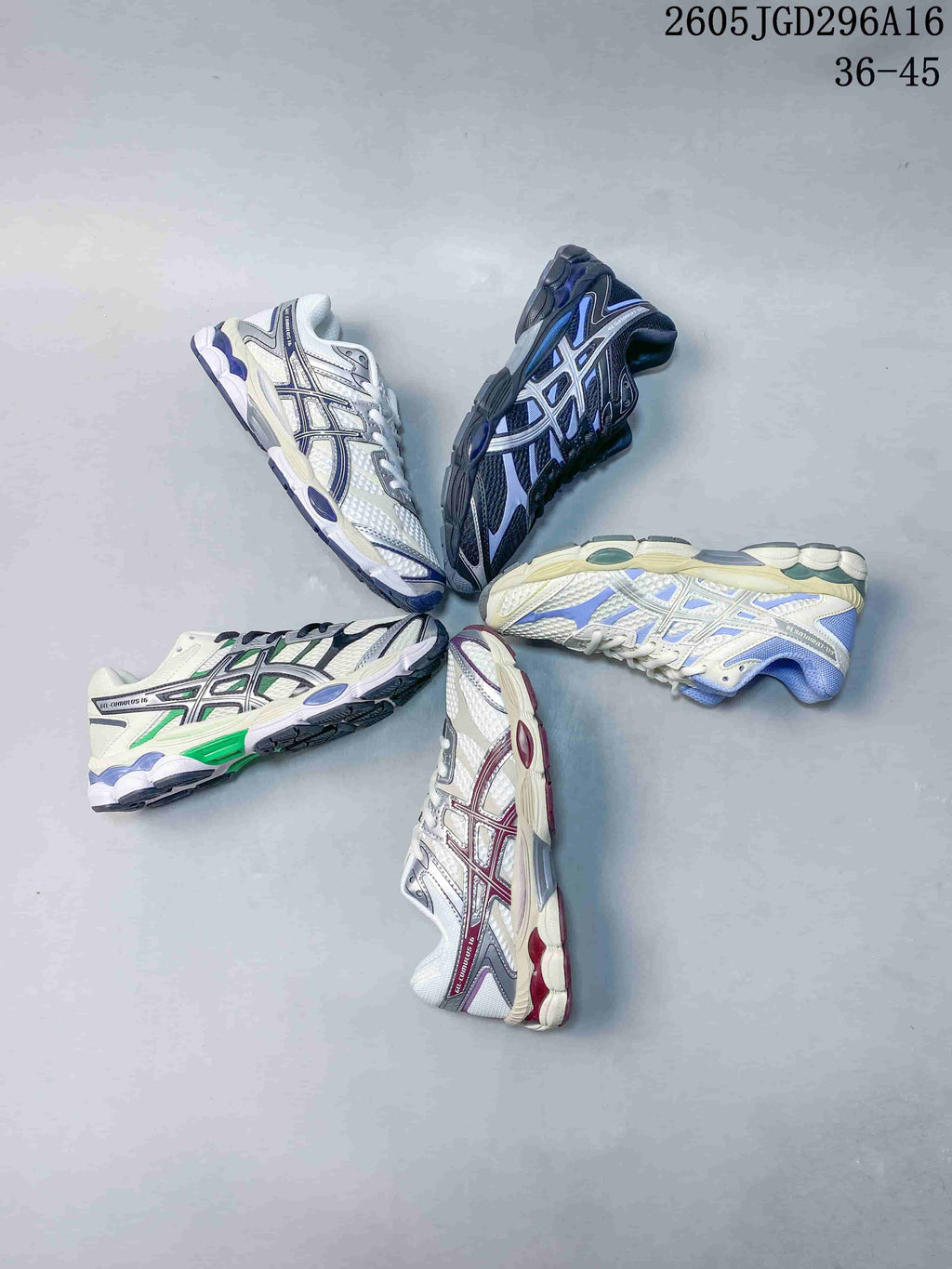Five ASICS GEL-Cumulus 16 sneakers displayed in different colorways