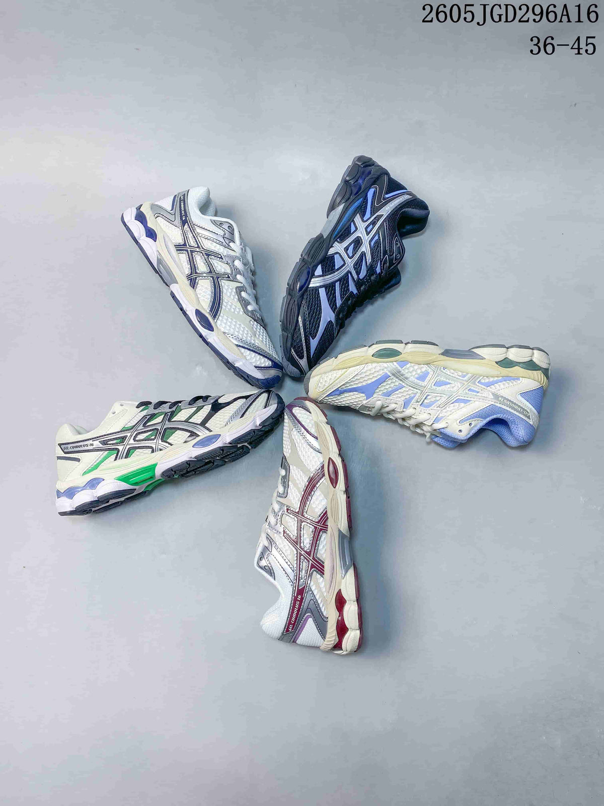 Five ASICS GEL-Cumulus 16 sneakers displayed in different colorways