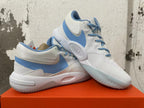 Pair of white and blue Nike basketball shoes shown at an angle
