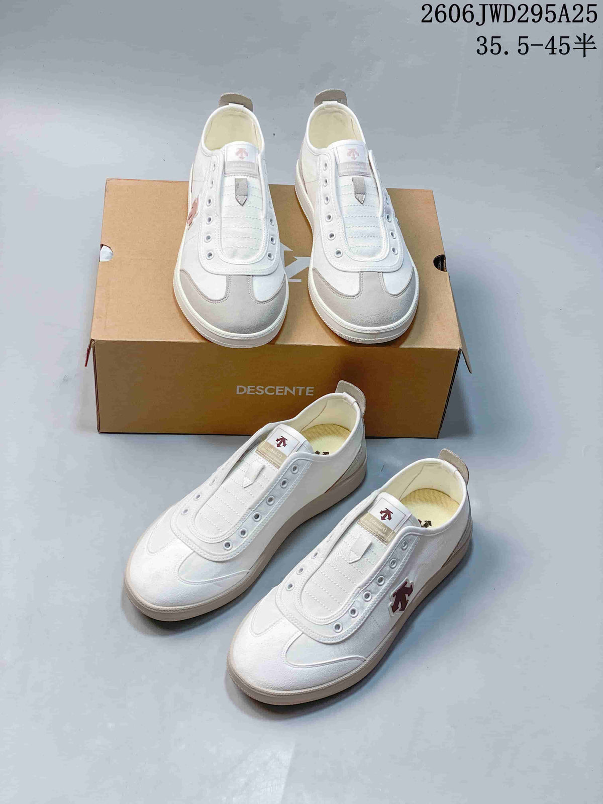 Multiple views of white and gray DESCENTE sneakers on and beside a box