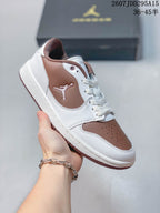 Angled side view highlighting the low-top profile, white overlays, brown panels, and patterned outsole.