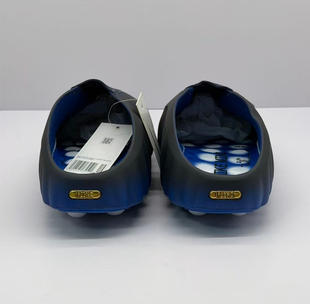Rear view of the pair with gold heel plaques and blue interiors.