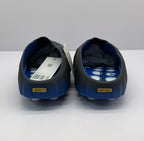 Rear view of the pair with gold heel plaques and blue interiors.