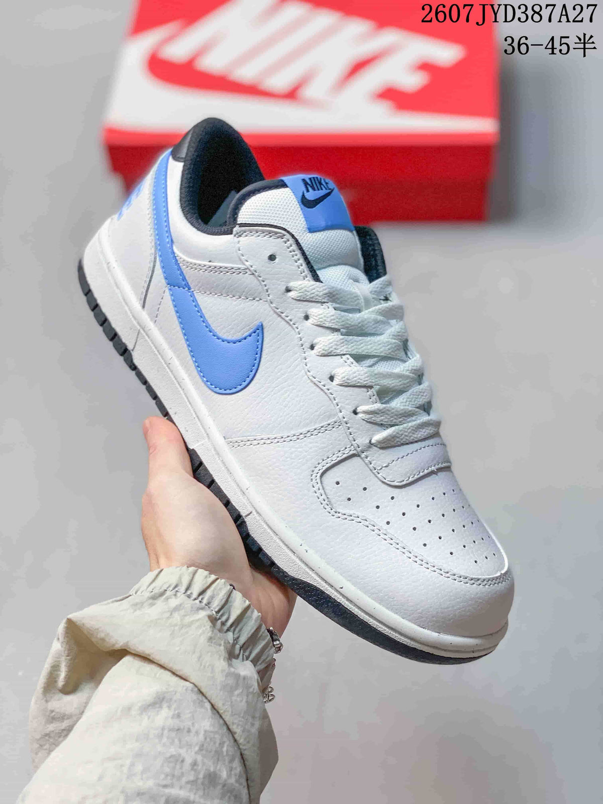 Angled side view showing the white and blue low-top sneaker design.