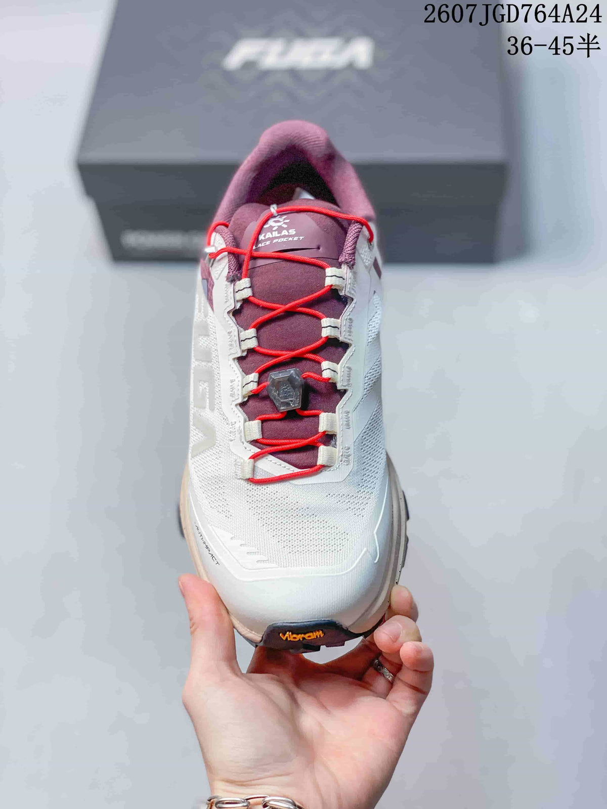 Top view showing the breathable-looking upper, red lacing system, lace toggle and Kailas Ice Pocket tongue label.
