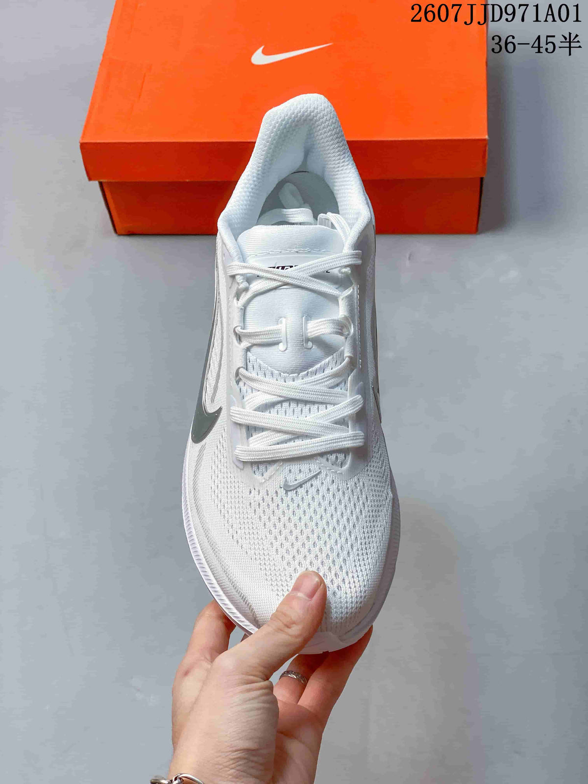 Top view of the white lace-up running shoe