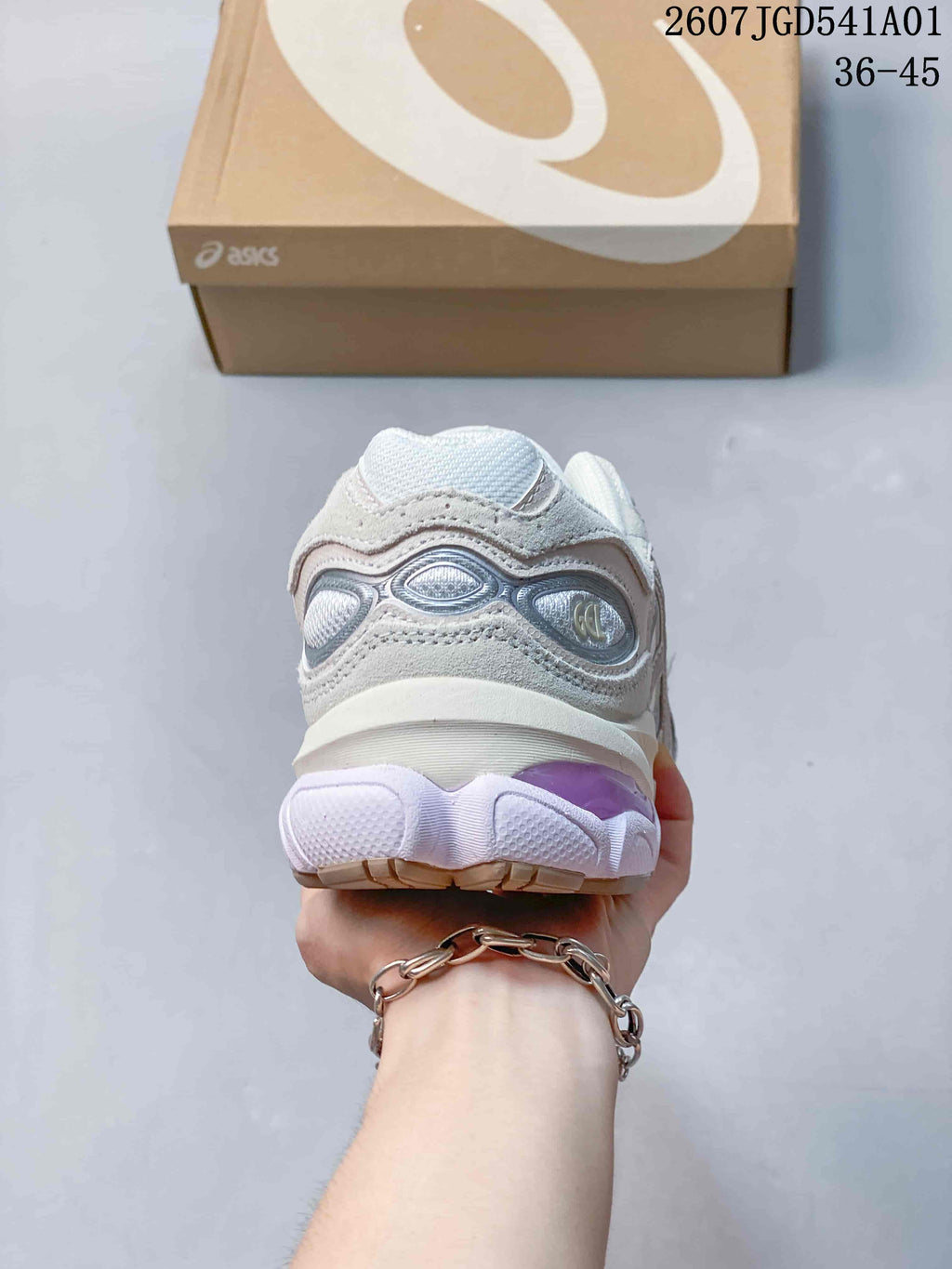Rear view of the sneaker showing its layered heel and sculpted sole