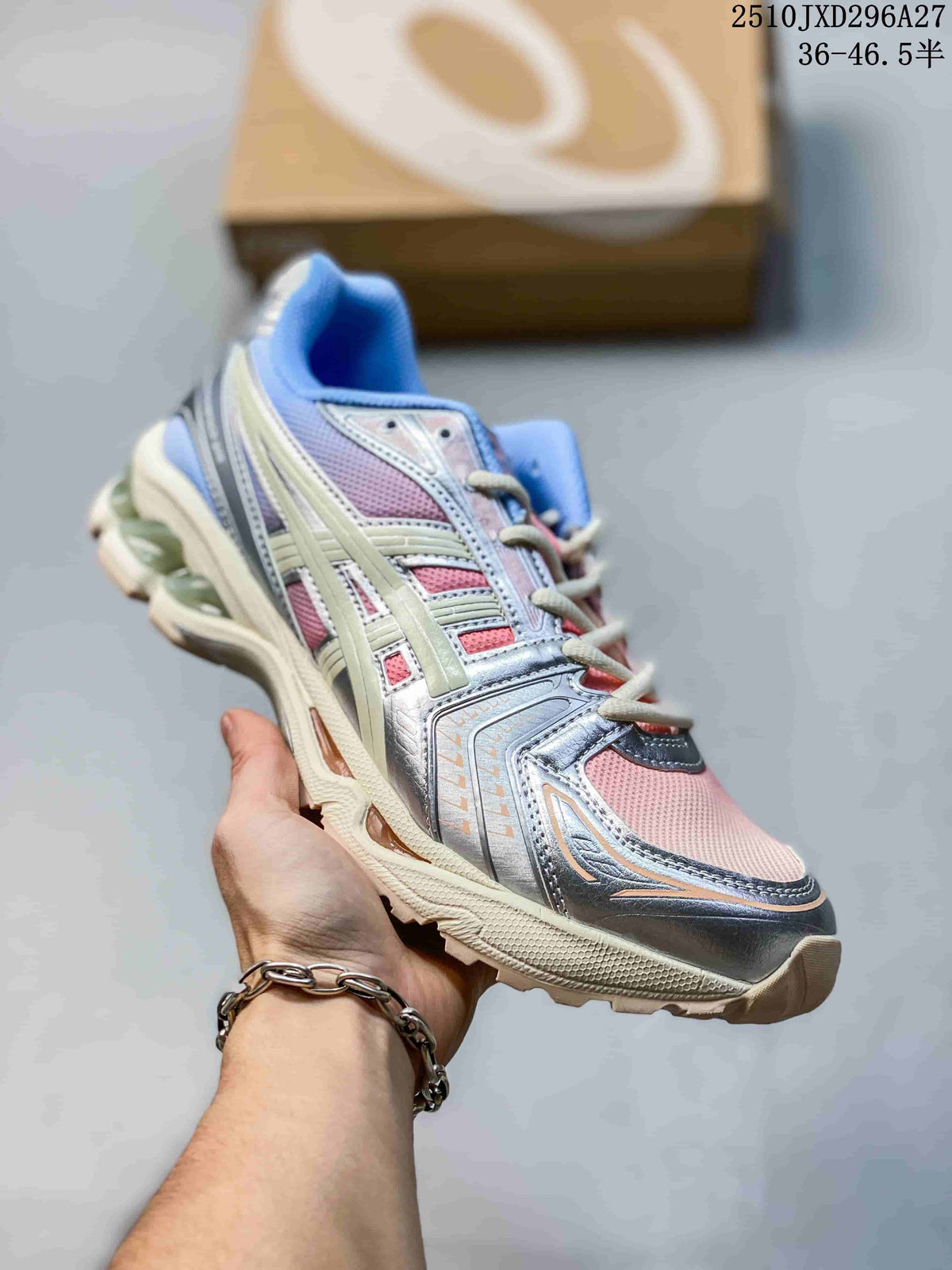 Silver sneaker with pink mesh panels and pale blue accents